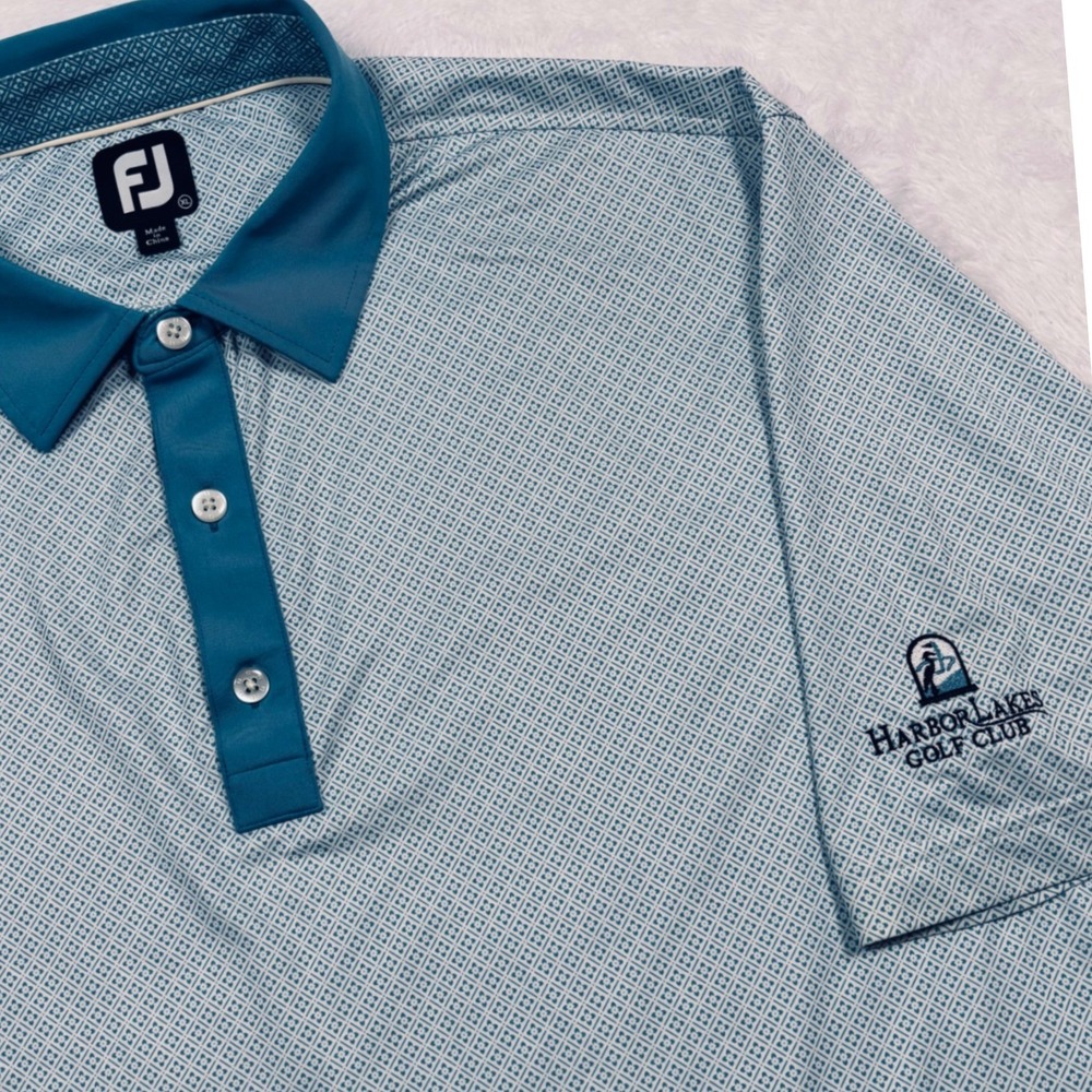 FootJoy Polo Shirt Men XL Blue Teal Geometric Performance Harbor Lakes Golf Club